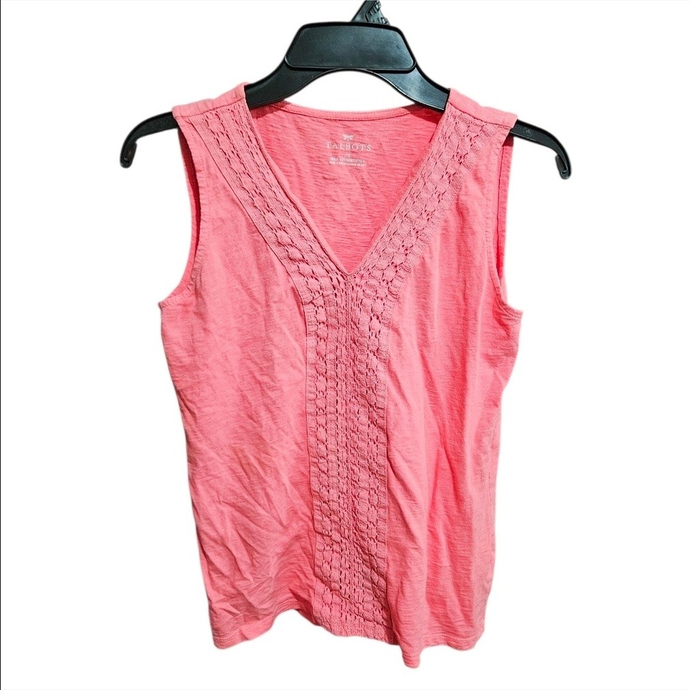 Talbots Womens XS Extra Small Coral Pink Crochet Lace Trim V-Neck‎ Slub Tank Top